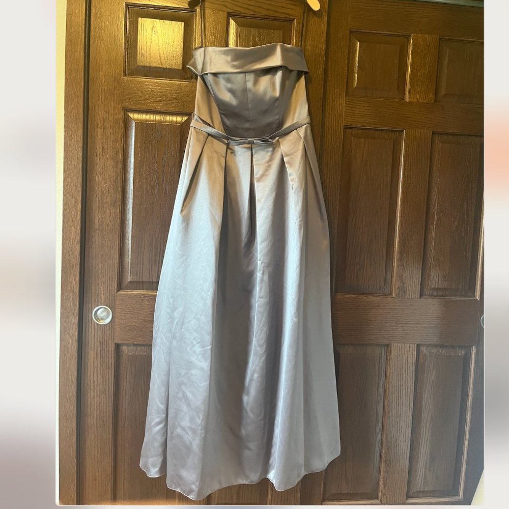 After Six - size 16, mocha, strapless satin pleated skirt, with bow belt